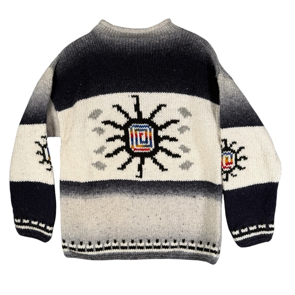Vintage Wool Sweater Sun Gradient Black White Mock Neck Southwestern